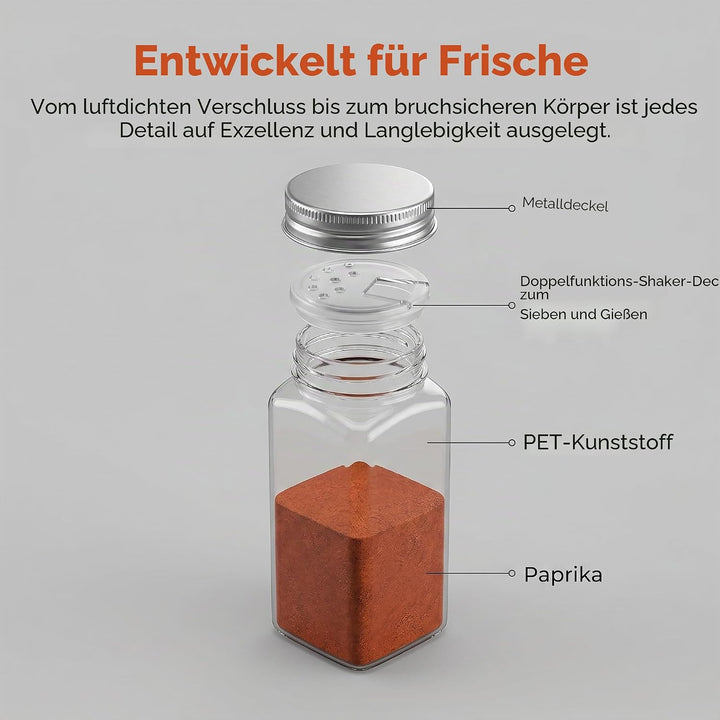 WUWEOT 24 Stück Kunststoff-Gewürzgläser, 120 ml Gewürzflaschen, quadratische Gewürzbehälter, wiederv