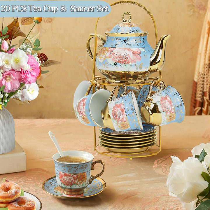Blau Blume Porzellan Teeservice, Rose Ceramic Tea Set, Vintage Tea Set with Teapot, Metallständer, 1