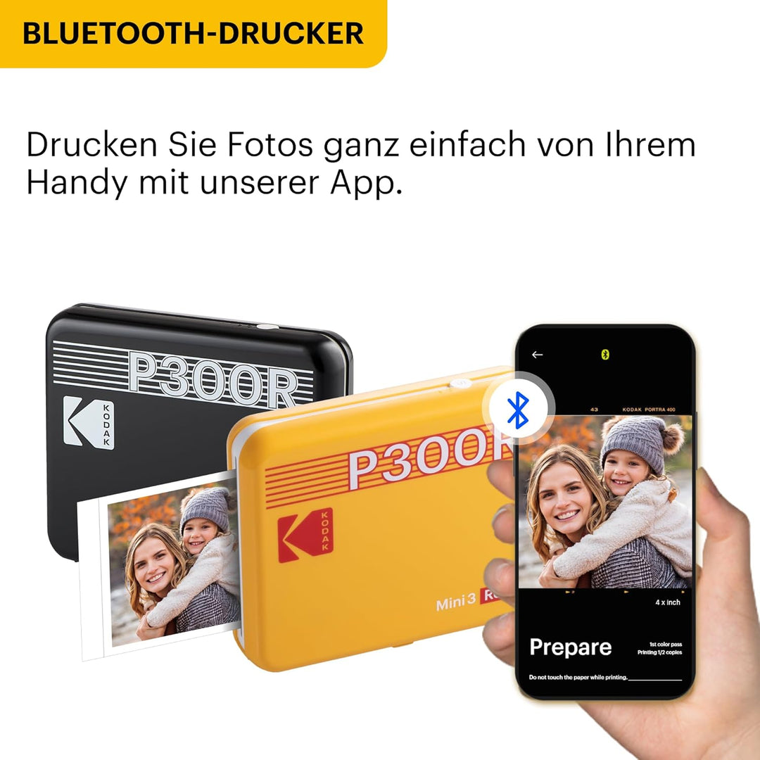 KODAK Mini 3 Retro 4PASS Mobiler Fotodrucker (7,6x7,6cm) - Schwarz s Schwarz, s Schwarz