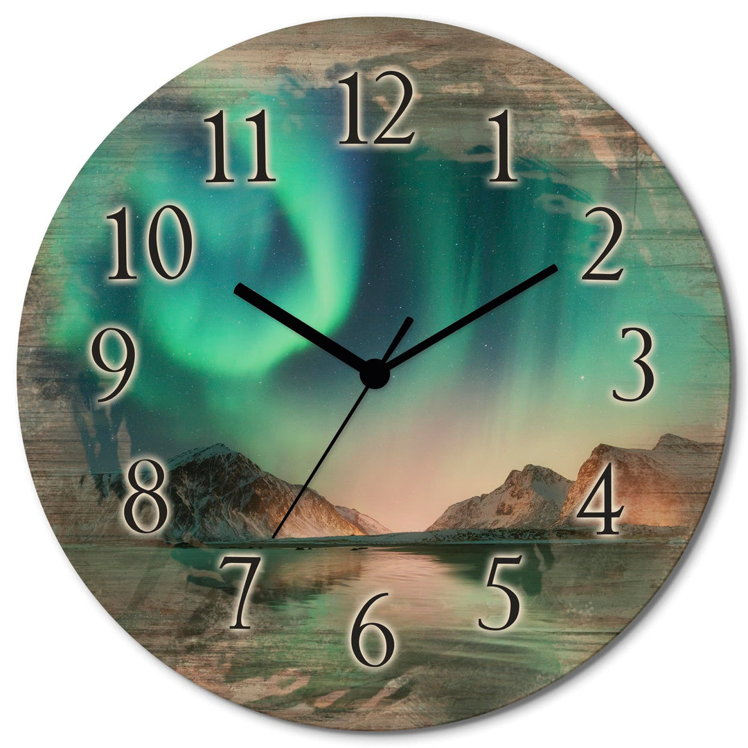 ARTLAND Wanddeko Wanduhr ohne Tickgeräusche aus Holz Quarzuhr lautlos rund Ø 30 cm Auroraborialis -