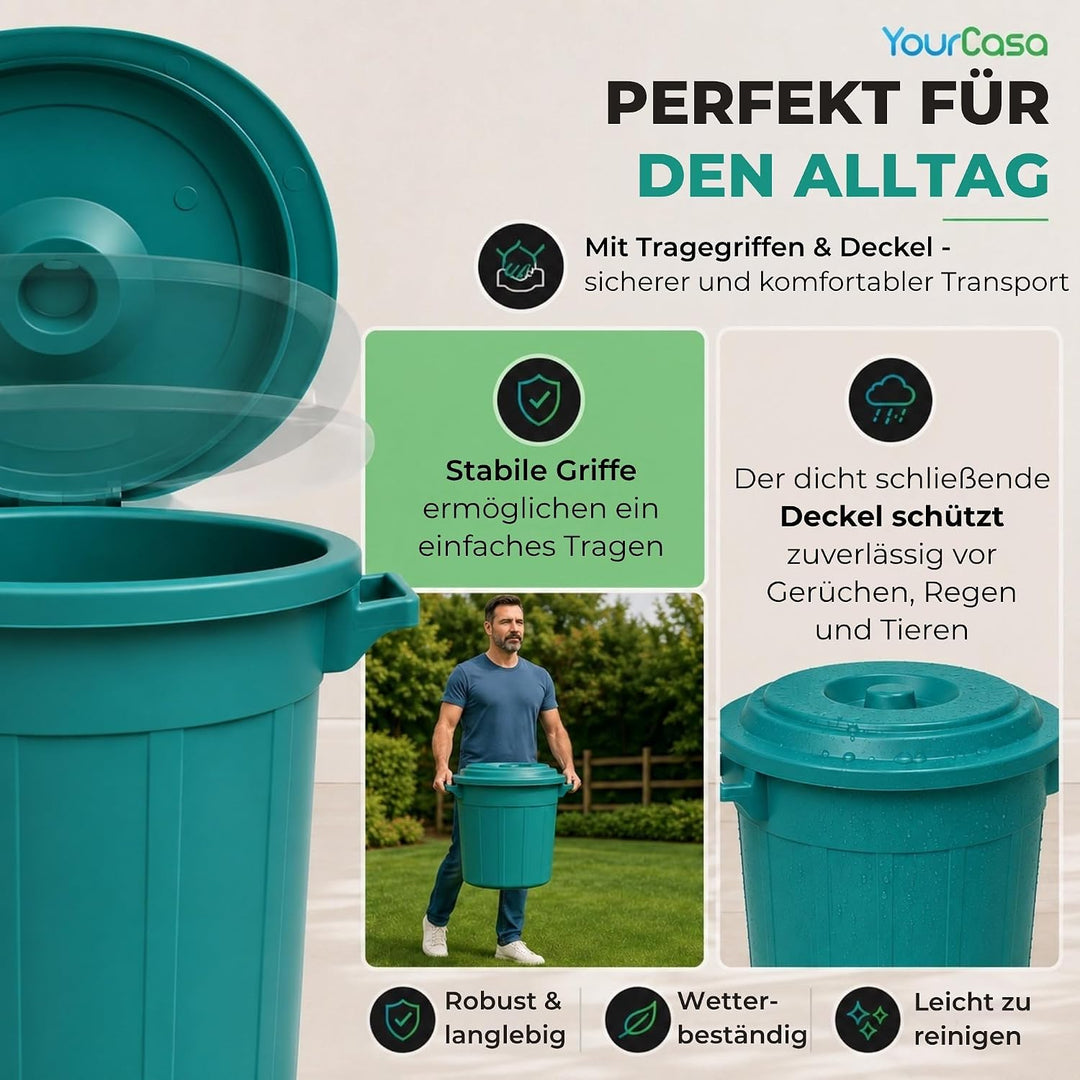 YourCasa Mülltonne 50L - Mülleimer mit Deckel verschliessbar - Tonne mit Trageriffen für Garten - Fu