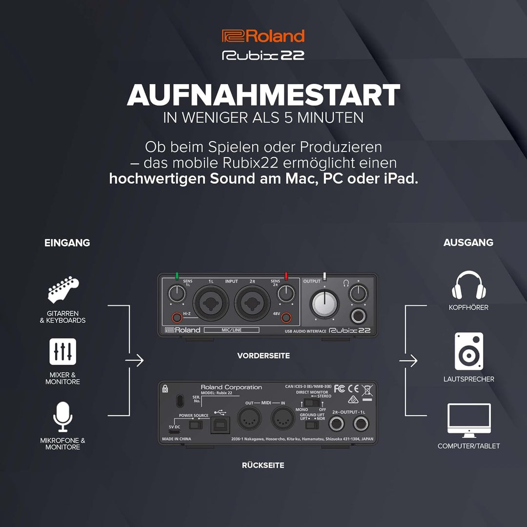 Roland RUBIX22 hochauflösendes Interface mit je 2 Ein-/Ausgängen, Hi-Res Interface für Mac, PC und I
