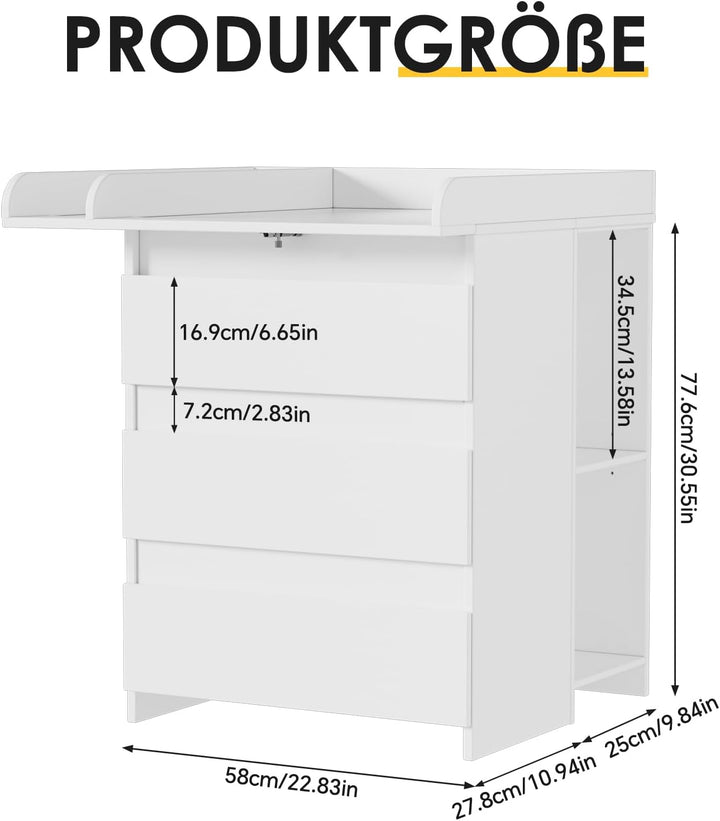 2-in-1 Wickelkommode mit abnehmbarem Wickelaufsatz,Baby Wickeltisch Weiss, Kommode mit 3 Schubladen