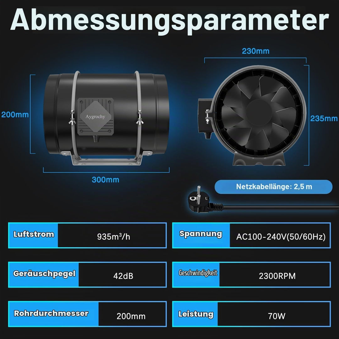 Aygrochy 200mm Inline-Rohrventilator mit variabler Geschwindigkeitskontrolle, Abluftventilator für H