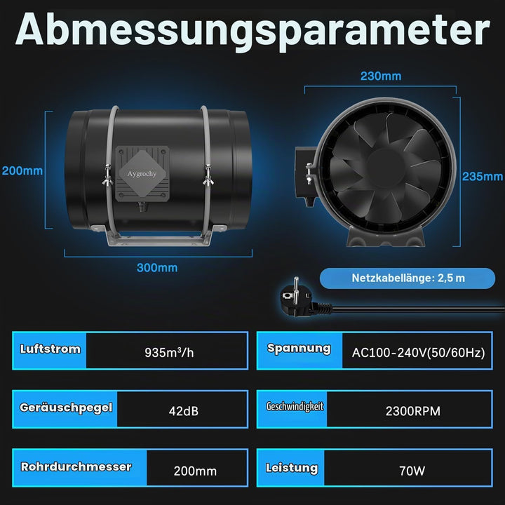 Aygrochy 200mm Inline-Rohrventilator mit variabler Geschwindigkeitskontrolle, Abluftventilator für H