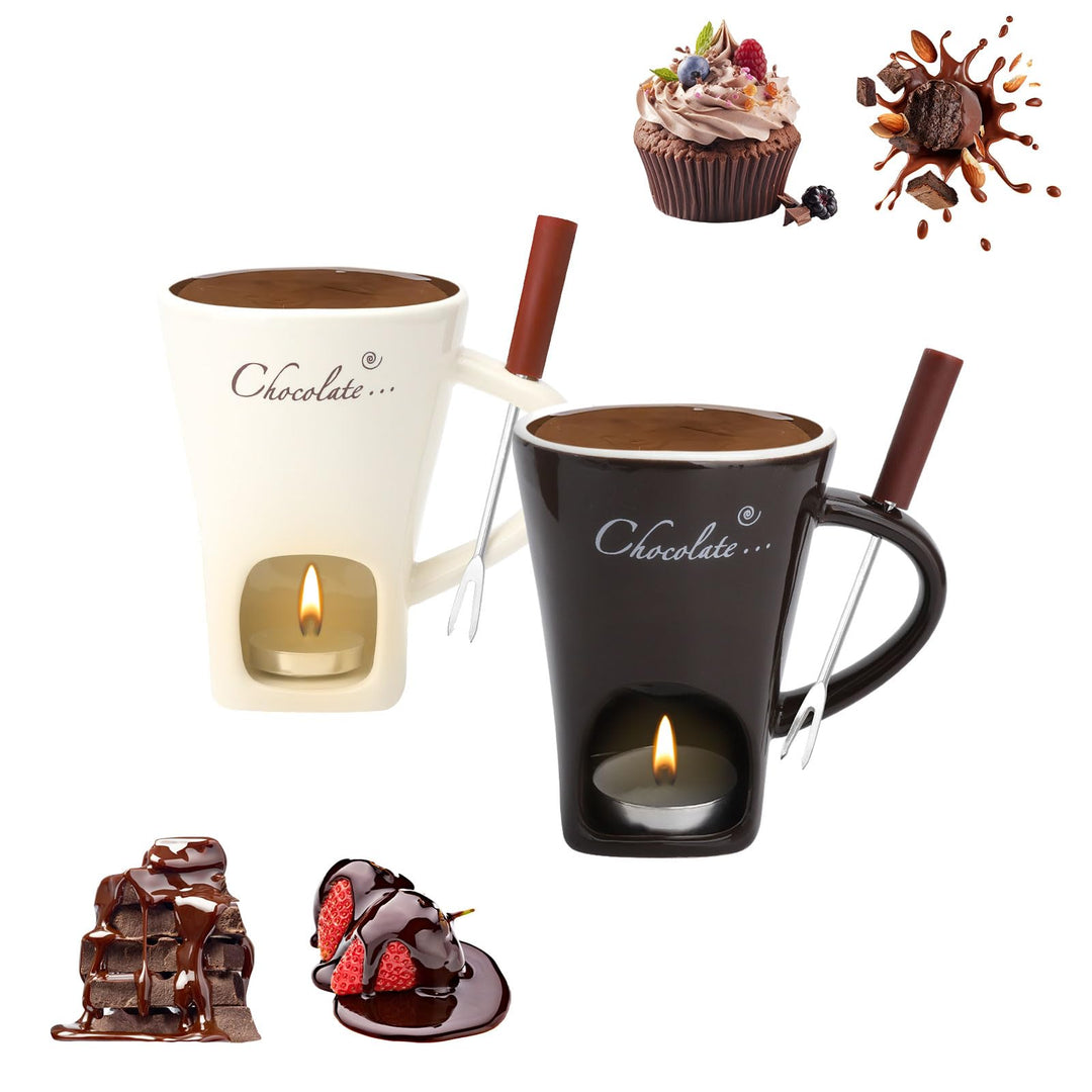 2PCS Schokofondue Tasse Keramik 130ML Schoko Fondue Cup mit Teelichthalter und Gabeln Schokoladenfon