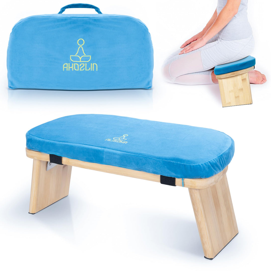 Meditationsbank Klappbar, Ergonomischer Bambus Yoga Hocker, Meditationshocker mit Kissen, Tragbarer