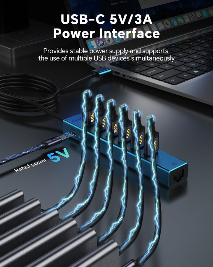 120cm USB auf Ethernet Adapter mit 6-Port USB 3.0 Hub, RJ45 Gigabit Netzwerkadapter, Typ-C 5V Input,