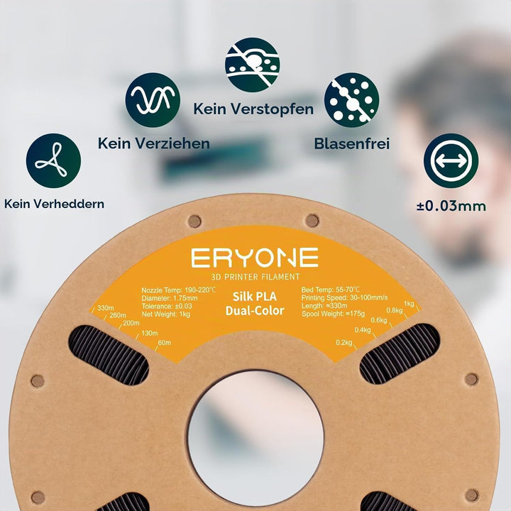 ERYONE Dual Zweifarbig PLA Filament 1.75mm, 3D Drucker Filament 1kg Spule +/- 0,02 mm, Seide Schwarz