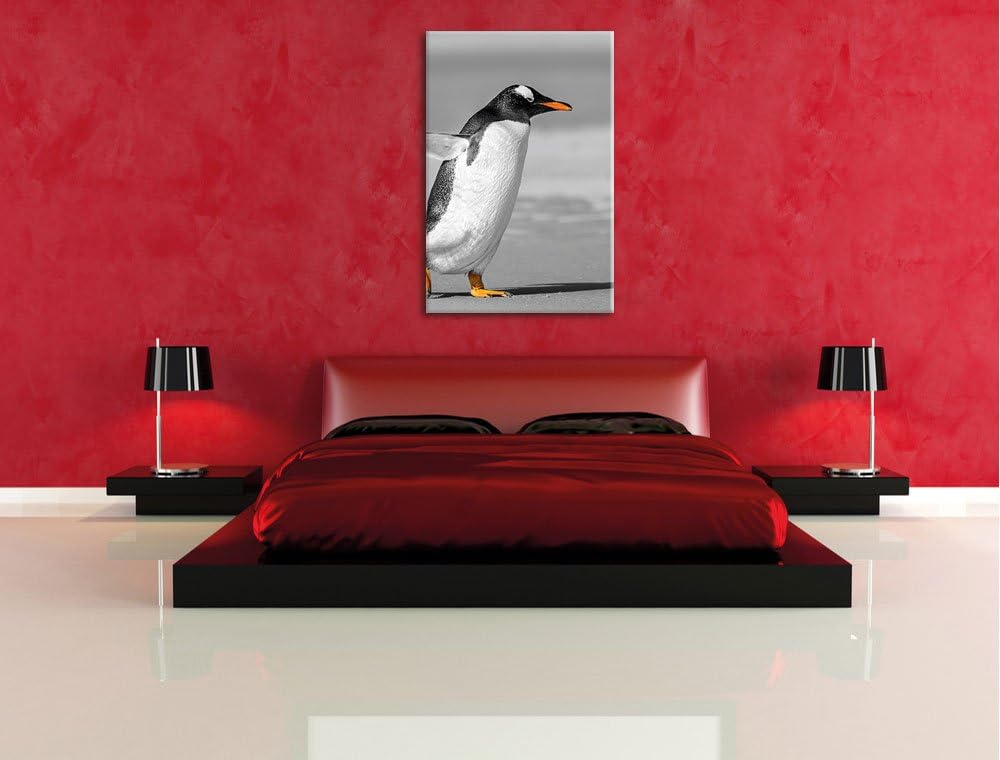 watschelnder Pinguin am Strand schwarz/weiss, Format: 80x120 auf hochkantiges Leinwand, XXL riesige