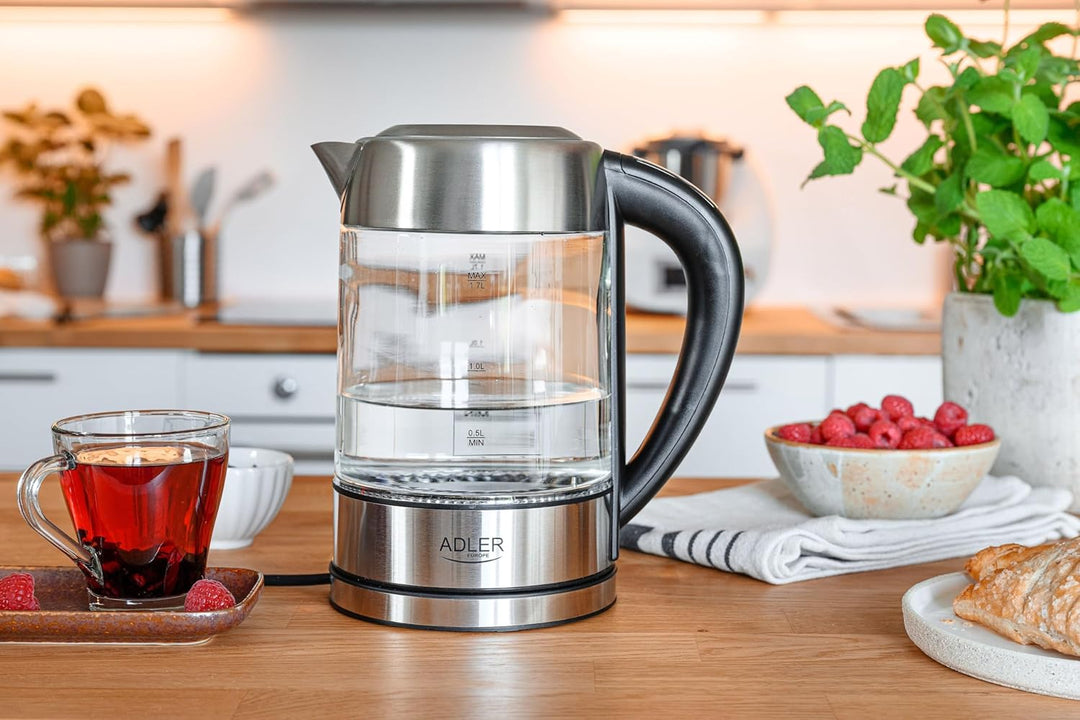 Adler AD 1247 Wasserkocher aus Edelstahl und Glas, 1,7L, 2200 W, digitaler Glaswasserkocher mit Temp