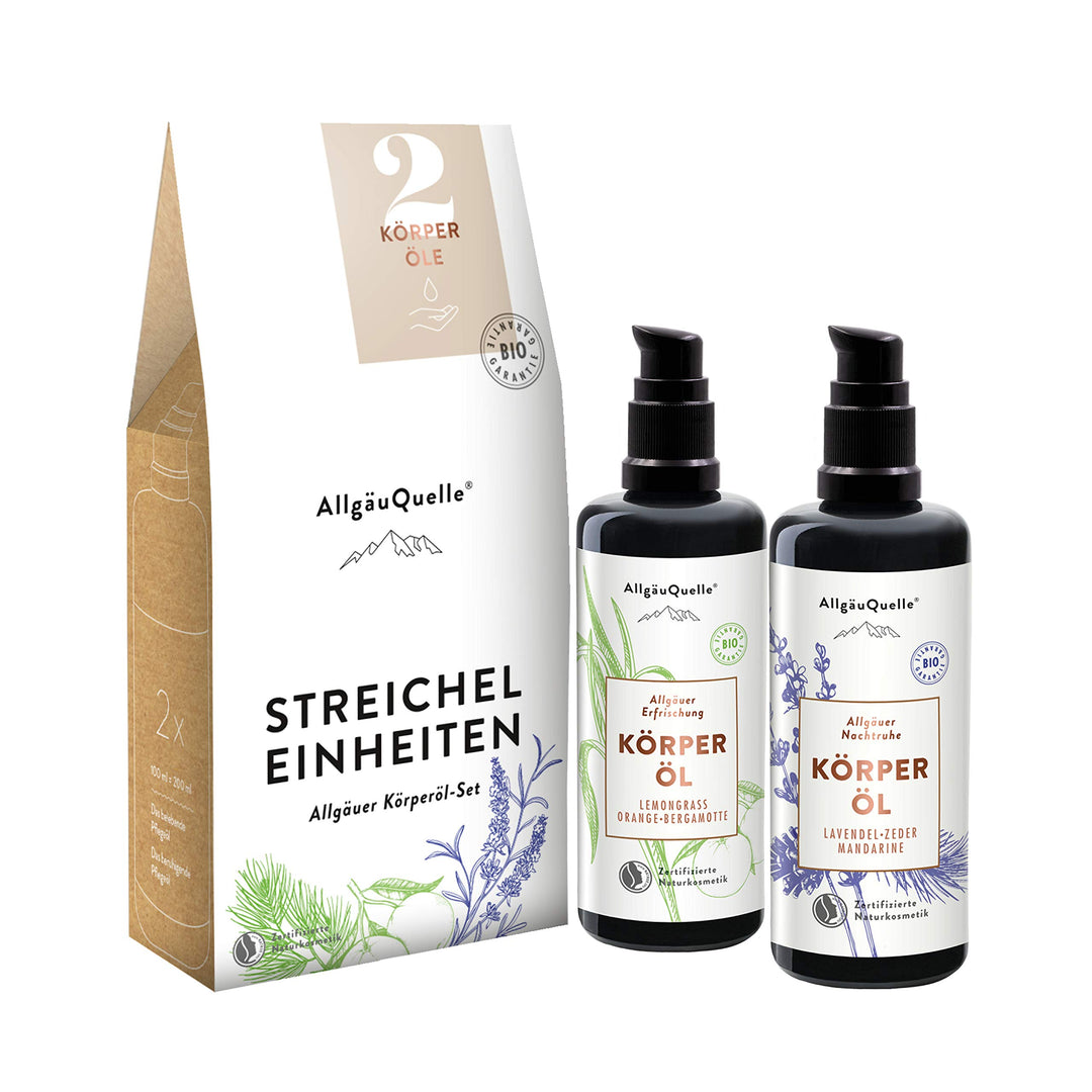 AllgäuQuelle® BIO Körperöl Set STREICHEL EINHEITEN | Geschenkset Naturkosmetik | 2 x 100 ml Bio Körp