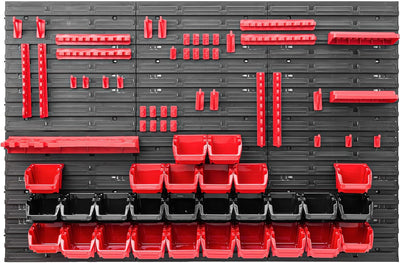 Lagersystem Werkstattregal | 117 x 78 cm | 28 stck. Box | Wandregal mit Werkzeughalterungen und Stap