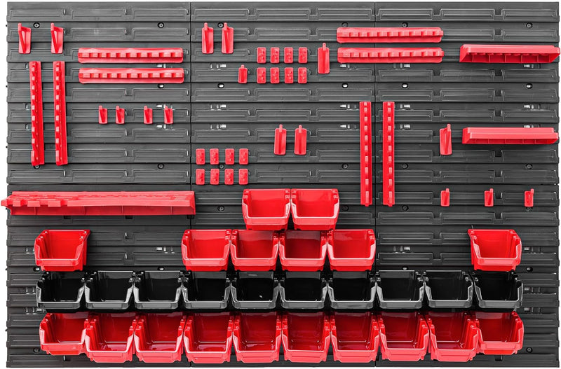 Lagersystem Werkstattregal | 117 x 78 cm | 28 stck. Box | Wandregal mit Werkzeughalterungen und Stap