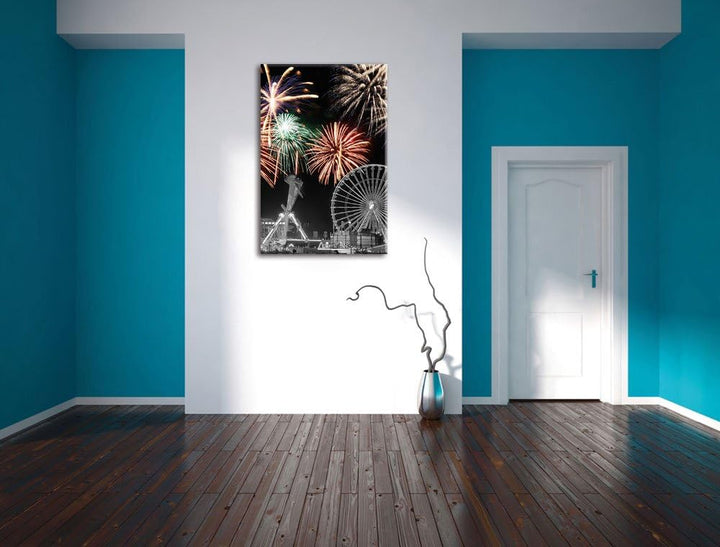 Pixxprint Silvester Feuerwerk schwarz/weiss als Leinwandbild/Grösse: 100x70 / Wandbild/Kunstdruck/fe