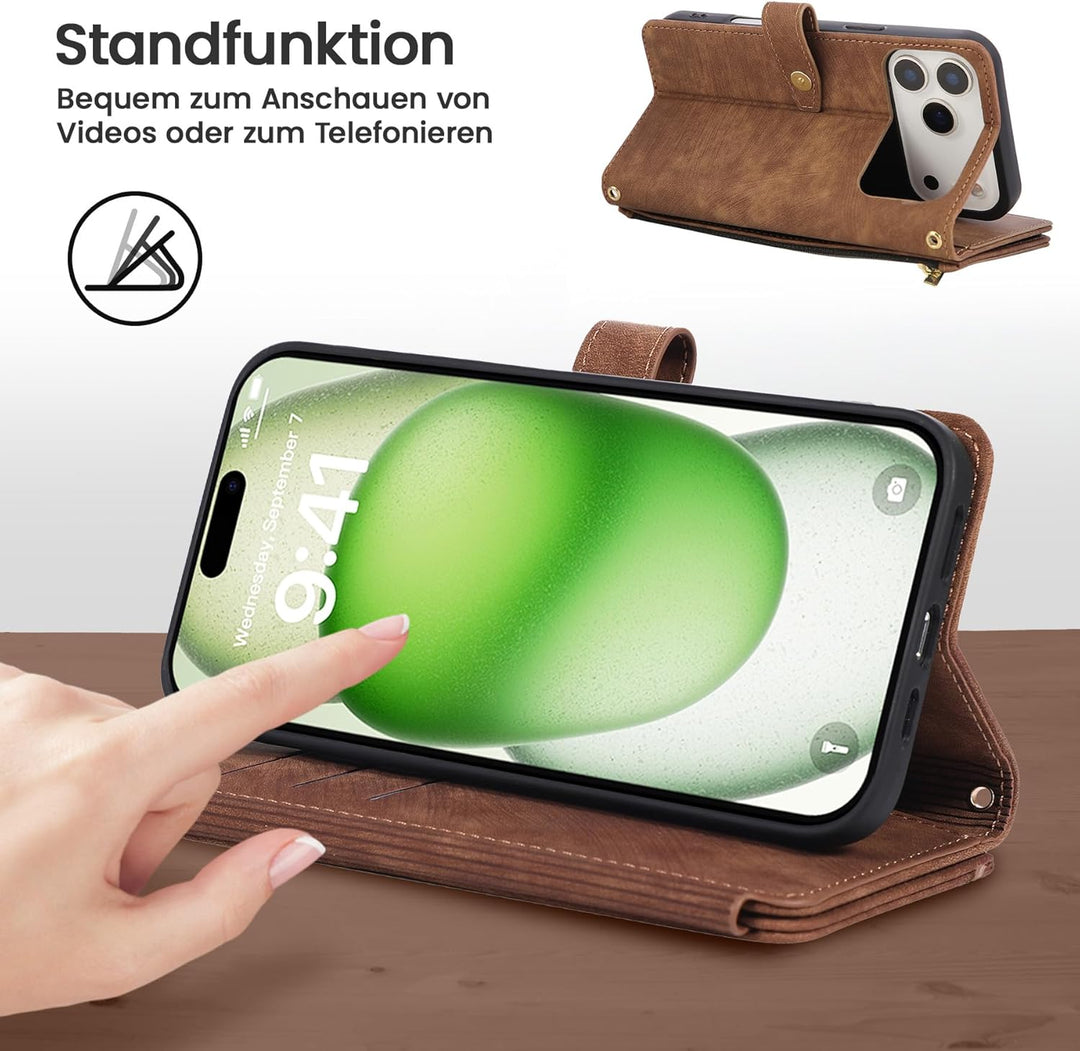 ZCDAYE Hülle für iPhone 17 Pro mit Band Handykette, Leder Handyhülle Handytasche mit Kordel Kartenfä