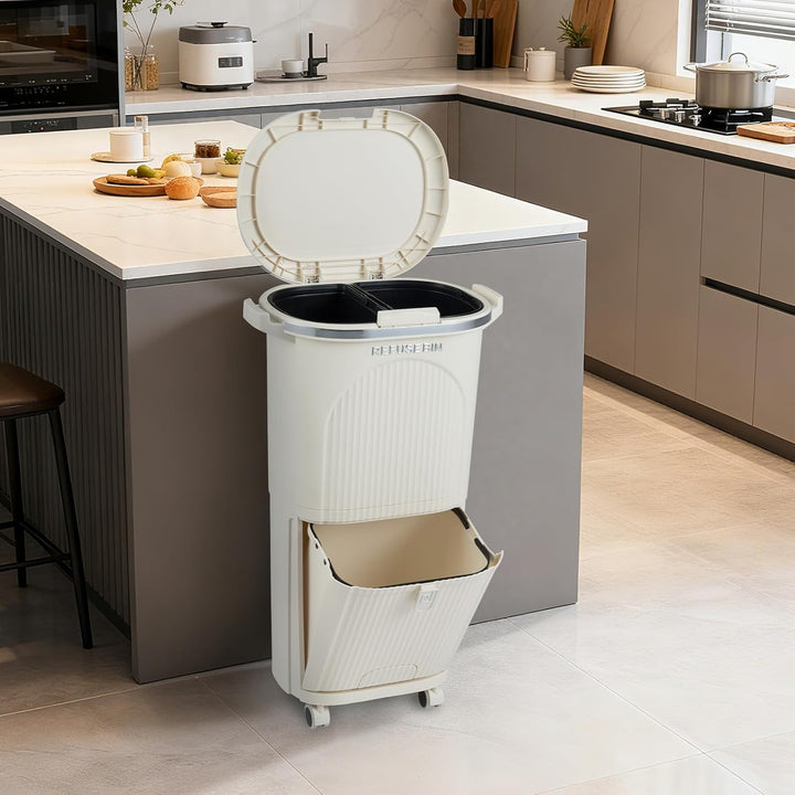 COSTWAY Mülleimer Küche, Mülltrennsystem 3 Fächer, 2 x 12L Inneneimer & 14L Treteimer, Abfalleimer m
