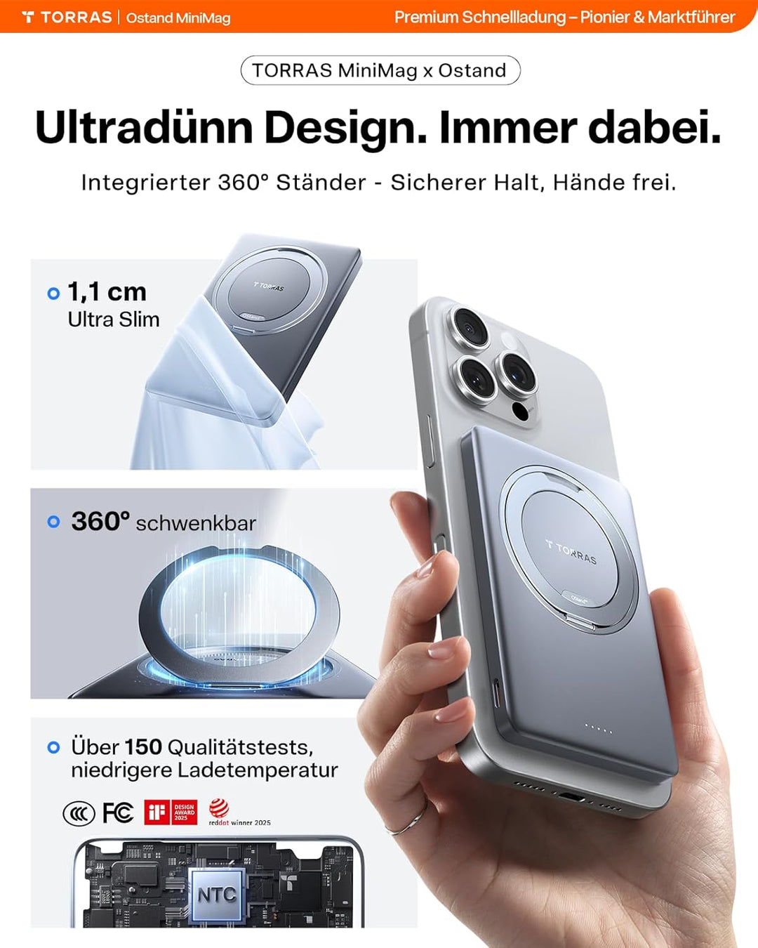 TORRAS Ostand MiniMag Ultra Slim Powerbank für Magsafe, Integrierter 360° Ständer 18W Schnellladen 5