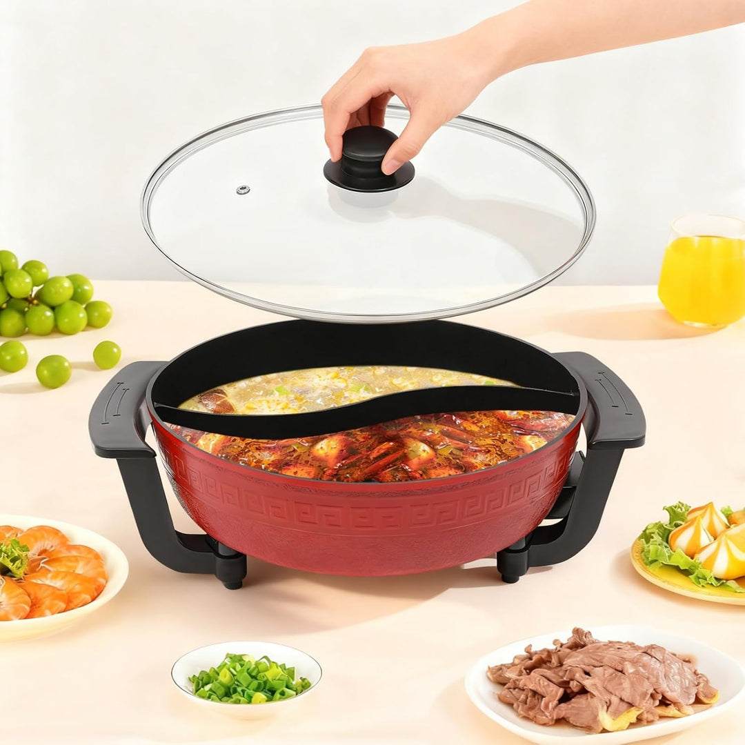 1360W Hot Pot Kochtopf 6L Feuertopf Suppentopf Twin Hot Pot Shabu Chinesischer Fondue mit Deckel & 5