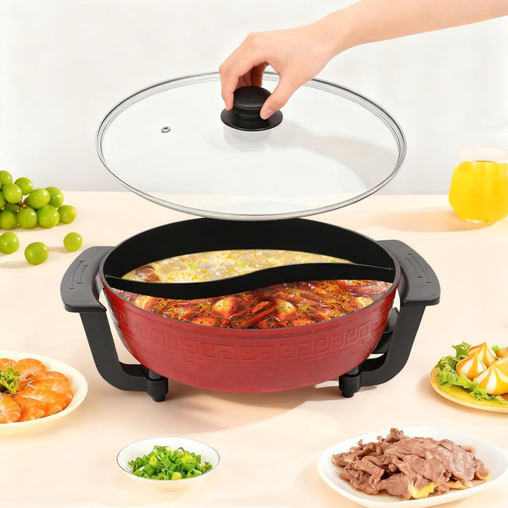 1360W Hot Pot Kochtopf 6L Feuertopf Suppentopf Twin Hot Pot Shabu Chinesischer Fondue mit Deckel & 5