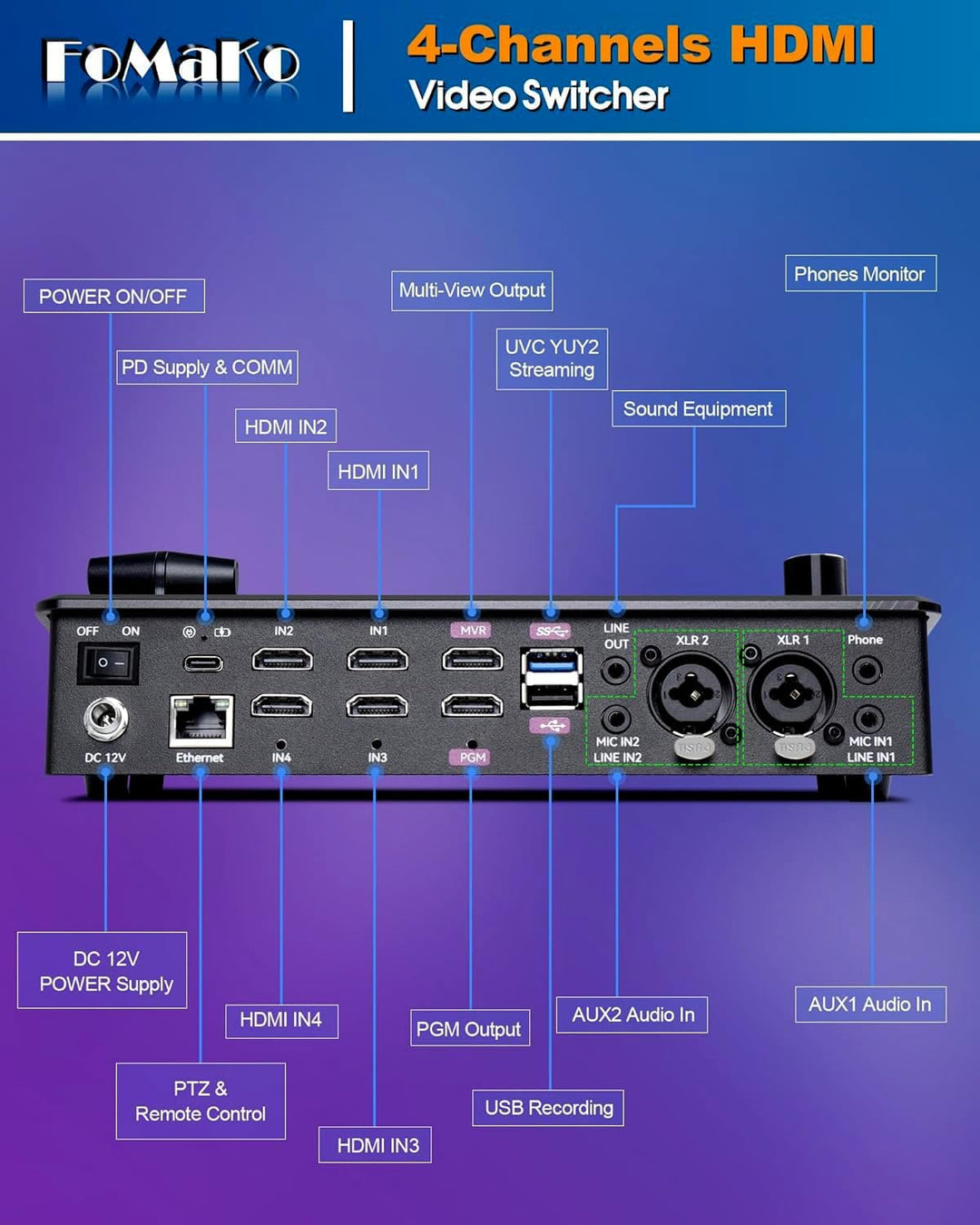 FoMaKo Video Switcher HDMI 4-Kanal für Multikameras, Video Mixer mit 5.5-Zoll LCD Bildschim, 1080P 6