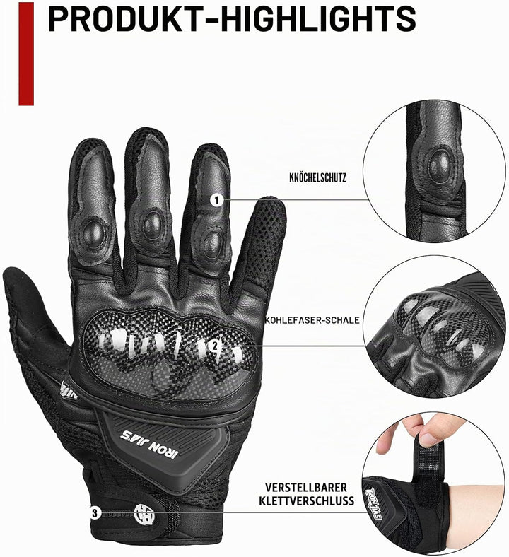 Motorradhandschuhe Atmungsaktive Motorradhandschuhe Leder Vollfinger Knöchelschutzpolster Touchscree