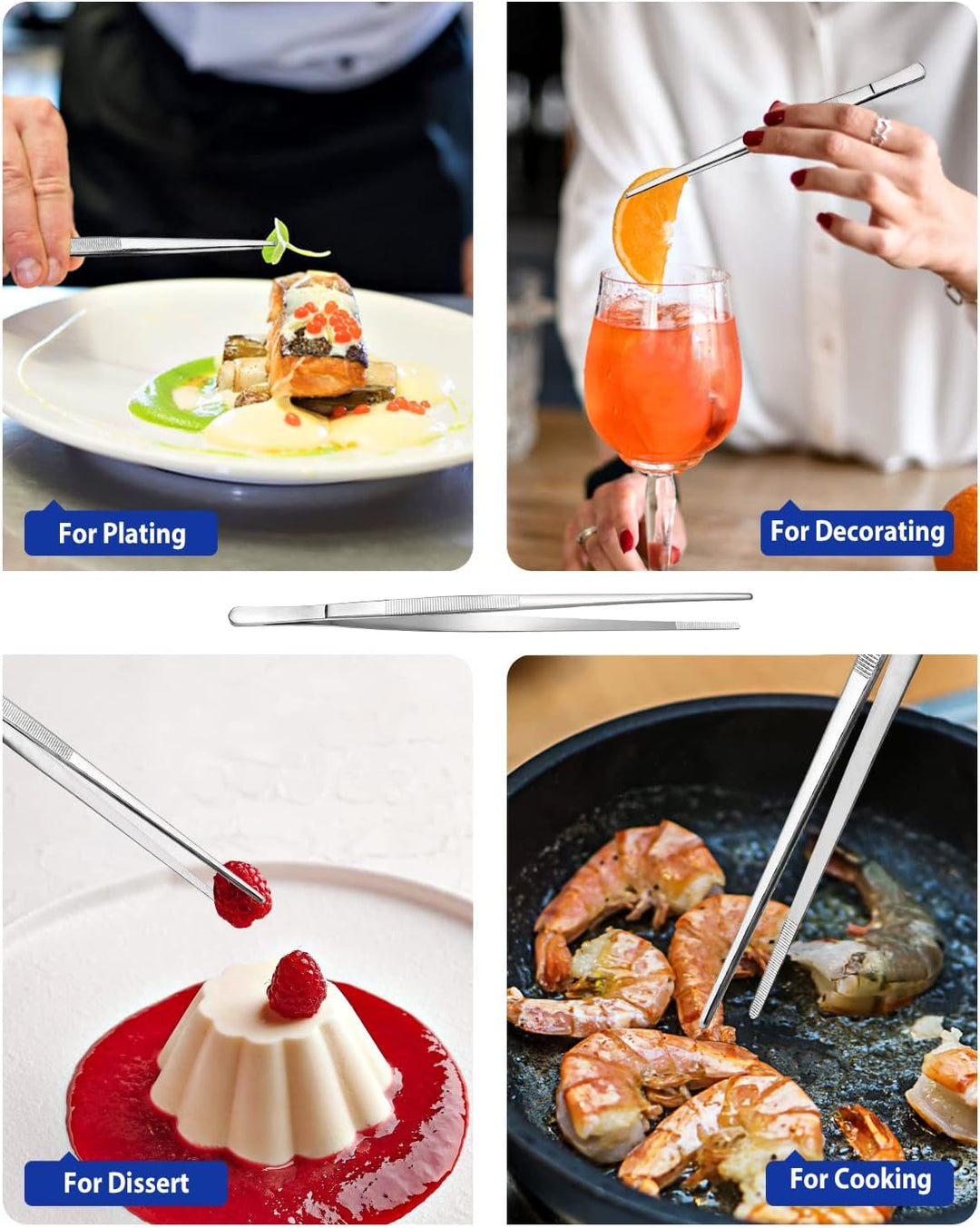 4 Stück feine Pinzettenzangen, 12'' und 10'' Edelstahl Pinzetten Set, Professionelle Silberne Küchen