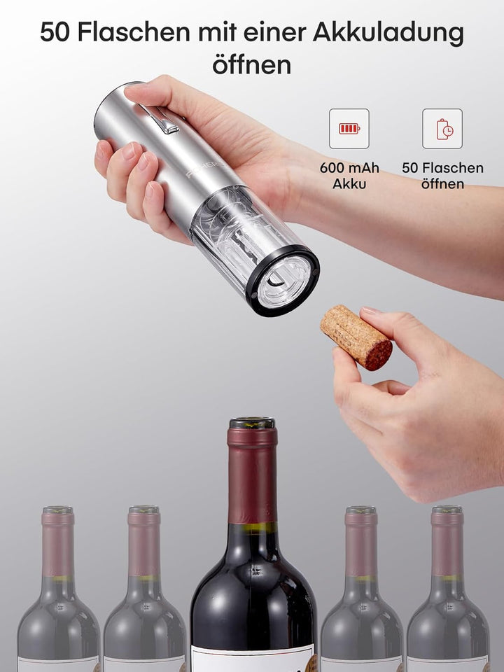 FOHERE Korkenzieher Elektrisch, mit Folienschneider, Ausgiesser, Vakuumpumpe, und Ladestation, Kabel