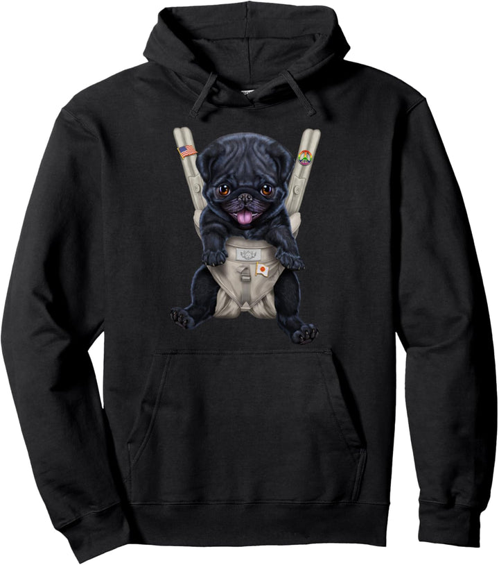 Glücklicher schwarzer Mops-Hund in der Babytrage Pullover Hoodie
