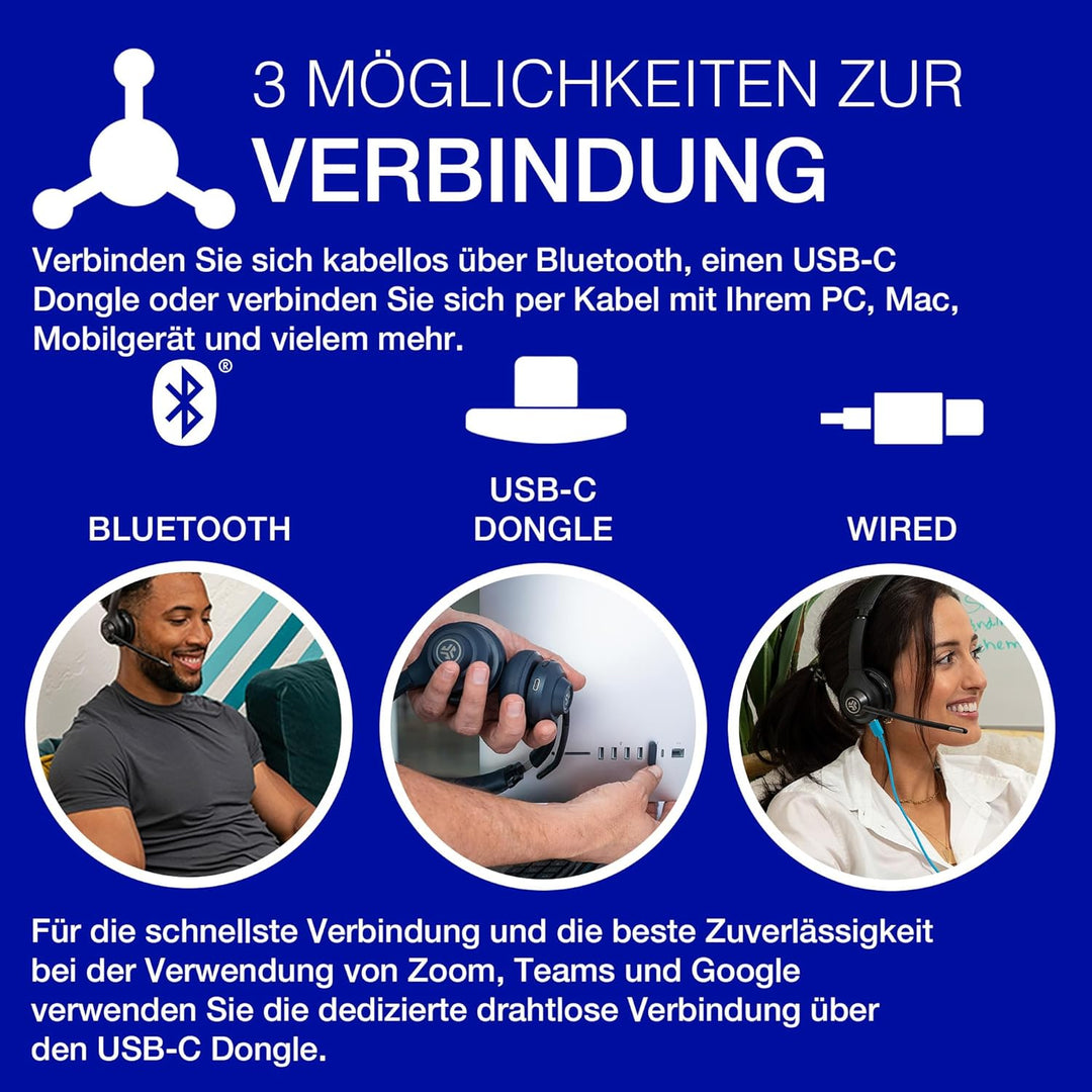 JLab Go Work 2nd Gen Headset mit Mikrofon Bluetooth & USB C Dongle, 55+ Std. Akku, On Ear Wireless H