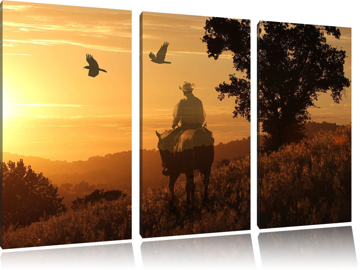 Pixxprint EIN Cowboy im Sonnenuntergang als Leinwandbild | Grösse: 3 Teilig (120x80) | Wandbild| Kun