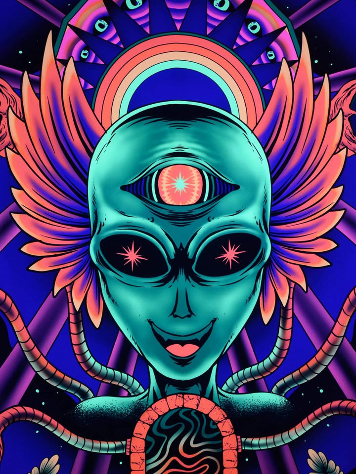 PSYWORK Schwarzlicht Stoffposter Neon | Alien Godness | 1,5 x 2,25m | UV-aktiv | fluoreszierend | Wa