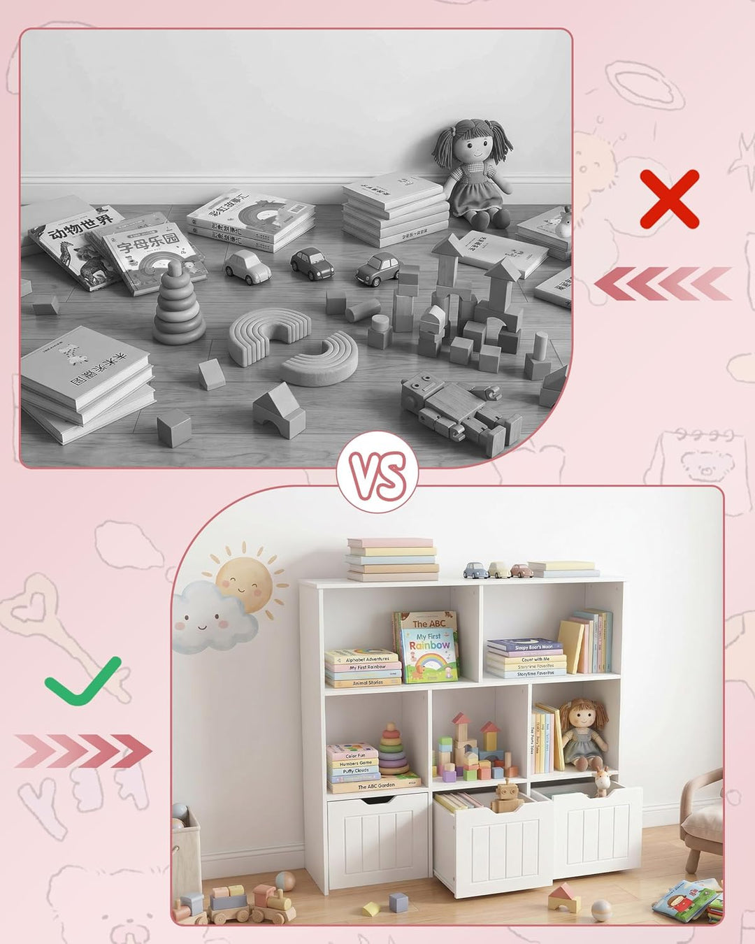 Kinderregal mit Boxen, Kinderzimmer Möbel, Spielzeugregal mit 3 Schubladen, Aufbewahrungsregal auf R