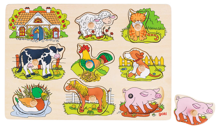 goki 57895 – Steckpuzzle Sound Bauernhof, mit Tierstimmen - 8 Teile - aus Holz