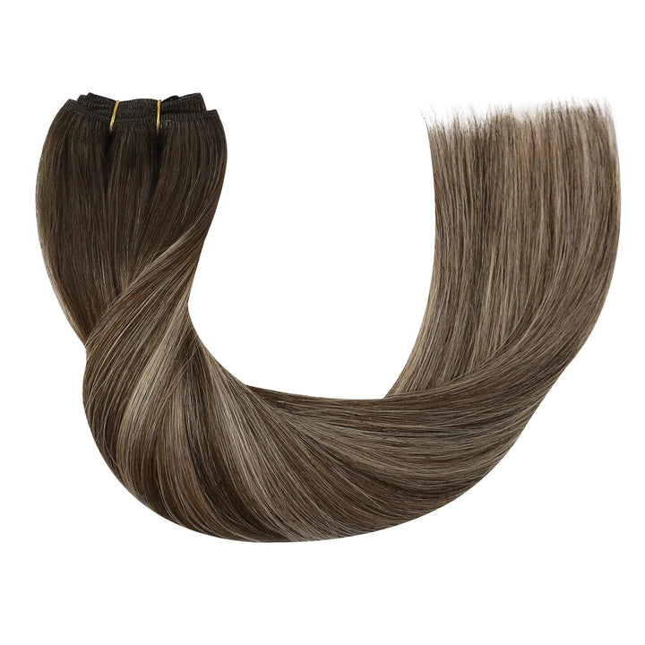 Ugeat Weft Extensions Echthaar Aschblond Balayage Tressen Extensions Echthaar Ombre Bunkelbraun Echt