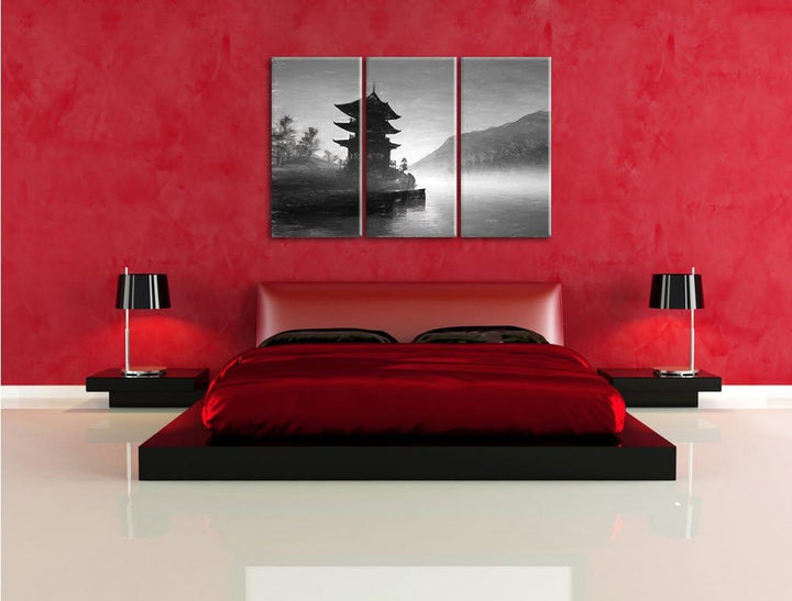 Pixxprint Chinesisches Haus Kunst / 3-Teilig/Gesamtmass 120cm Leinwandbild bespannt auf Holzrahmen/W