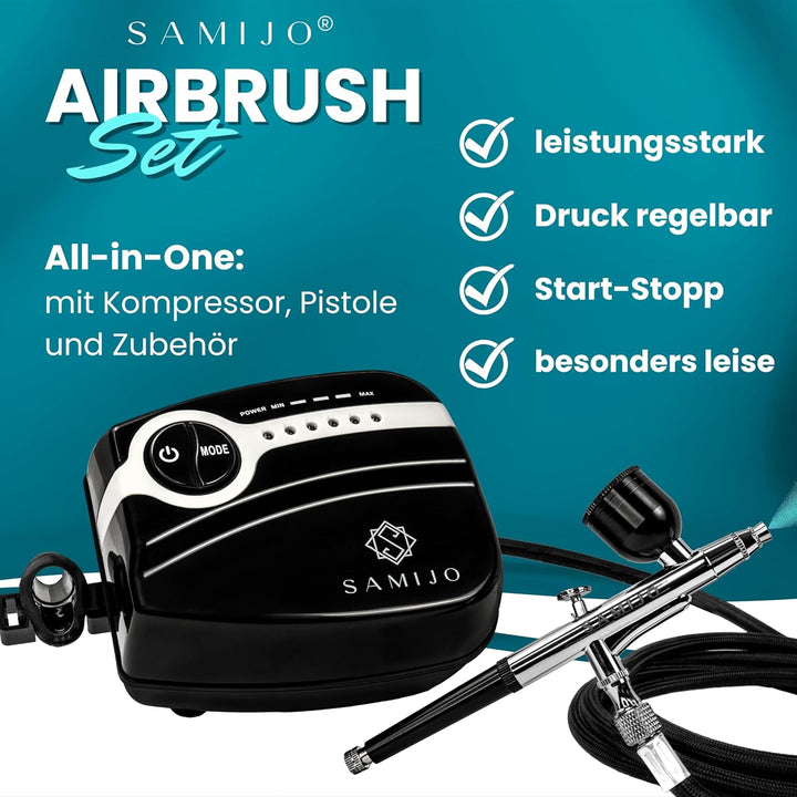 SAMIJO Airbrush Set mit Kompressor, leise, kompakt, vielseitig, Airbrush-Set für Einsteiger, inkl. [