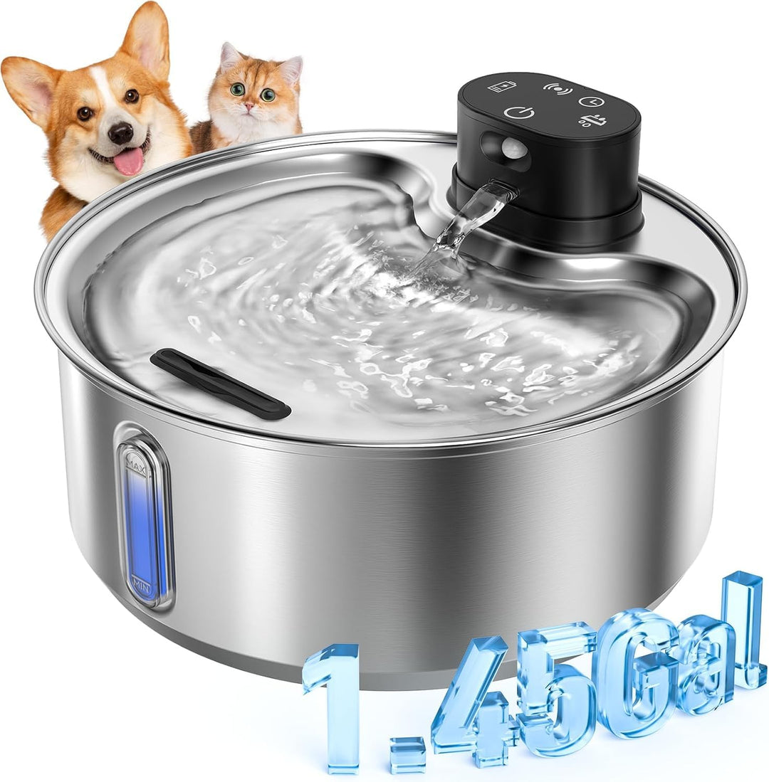 Katzenbrunnen Edelstahl, 5,5 L Trinkbrunnen für Hund Kabellos, 5000mAh Akku katzenbrunnen mit bewegu