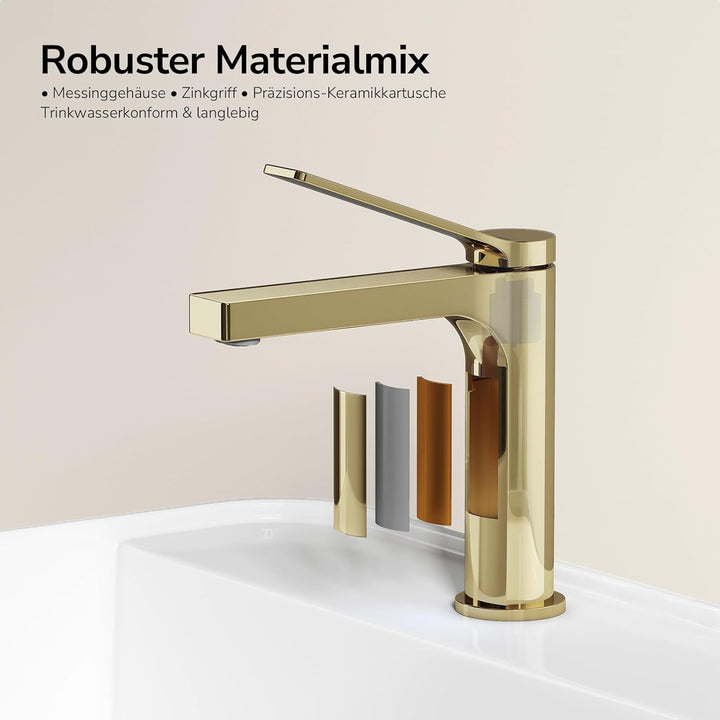 EMKE Wasserhahn Bad Champagnergold, waschtischarmatur, 4MS Messing, Wasserhahn Bad mit Auslauf Höhe