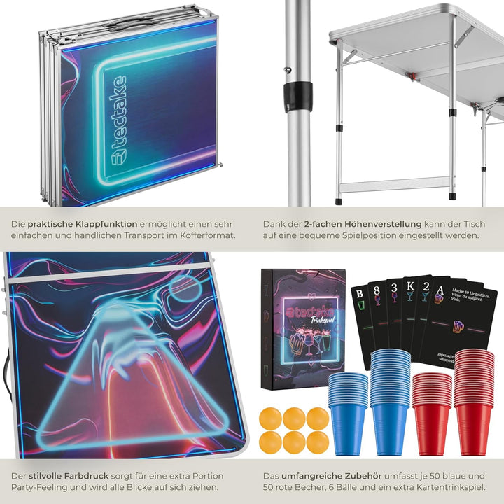 tectake® Bierpong Tisch mit Party Deko LED Beleuchtung, Tisch höhenverstellbar, Klapptisch, Set mit
