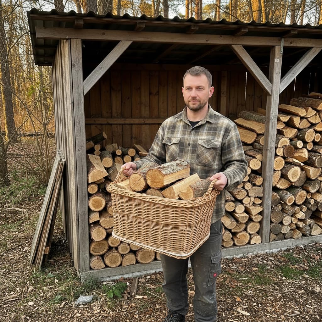 BOGATECO Kaminholzkorb Weide Rechteckig 53x43 cm, Stabiler Brennholzkorb mit Sperrholzboden und Jute