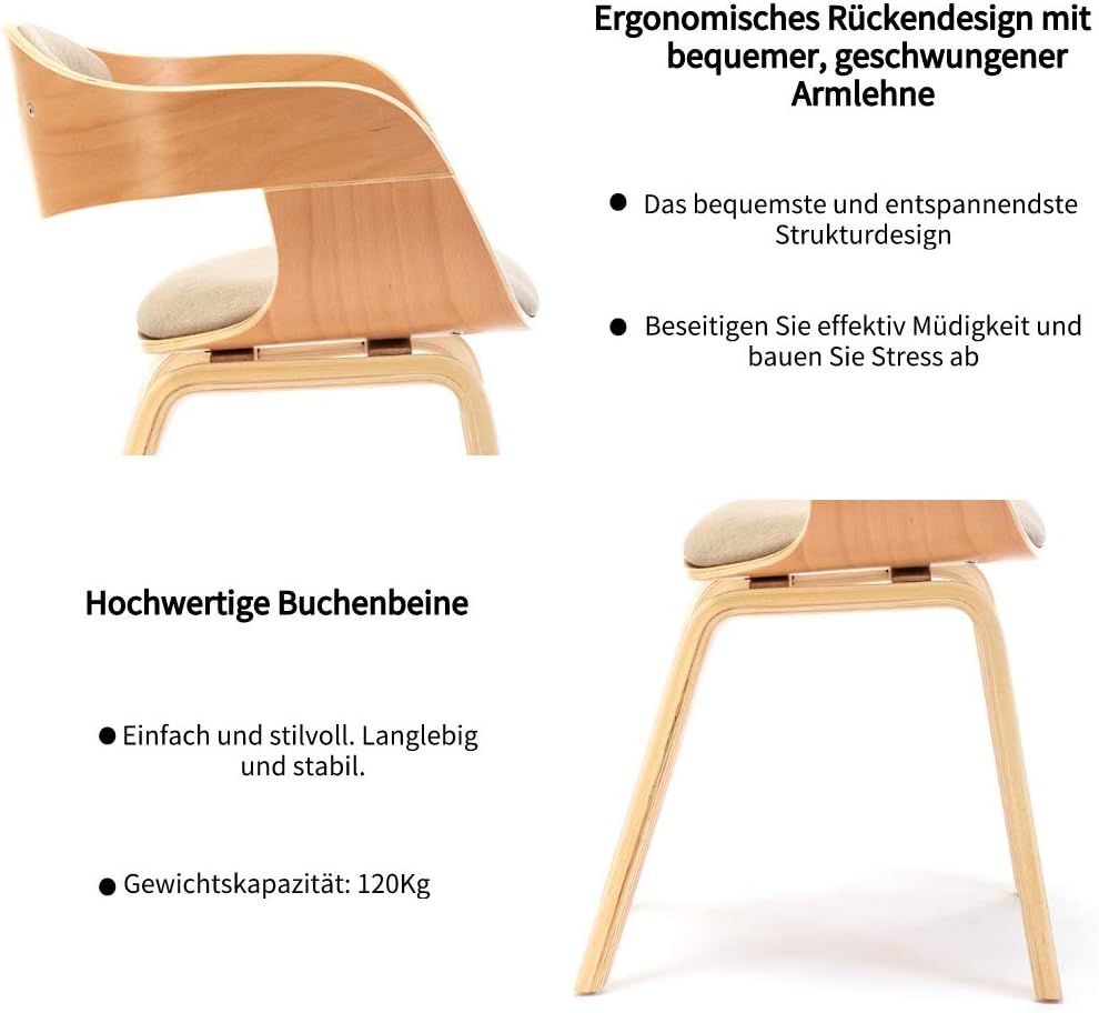 Mingone 2er Set Esszimmerstühle Holz Küchenstühle Designer Stühle mit Leinen Sessel Gepolsterte mit