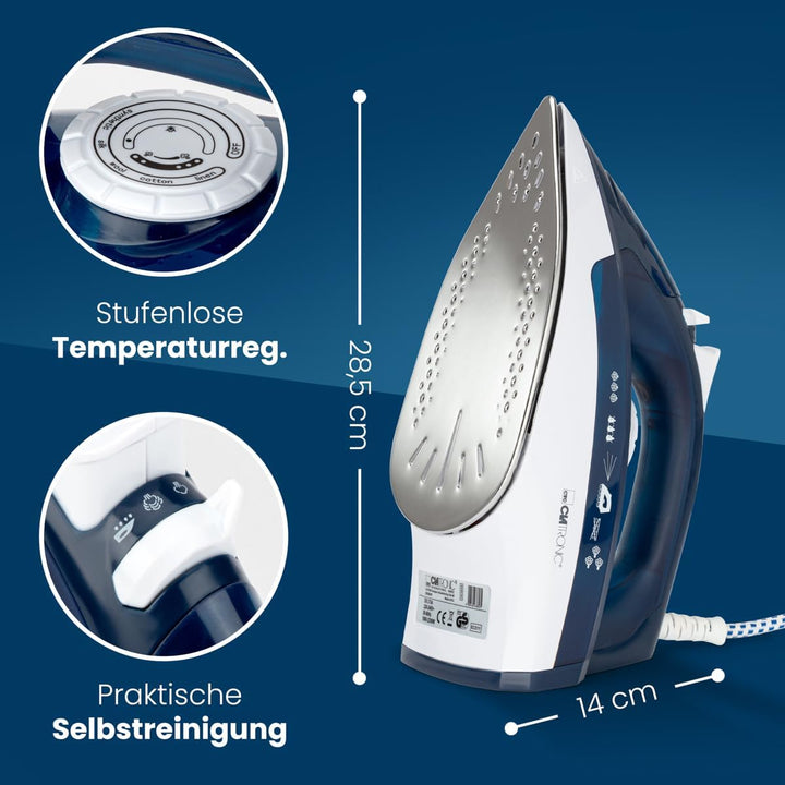 Clatronic DB 3704 Dampfbügeleisen mit 7 Funktionen, Edelstahlspezialsohle, stufenlose Temperaturregu