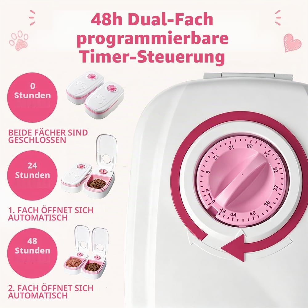 Futterautomat Katze, 2 Näpfe 700ML Katzenfutter Automat mit 48 Stunden Timer, Abnehmbarer Futterauto