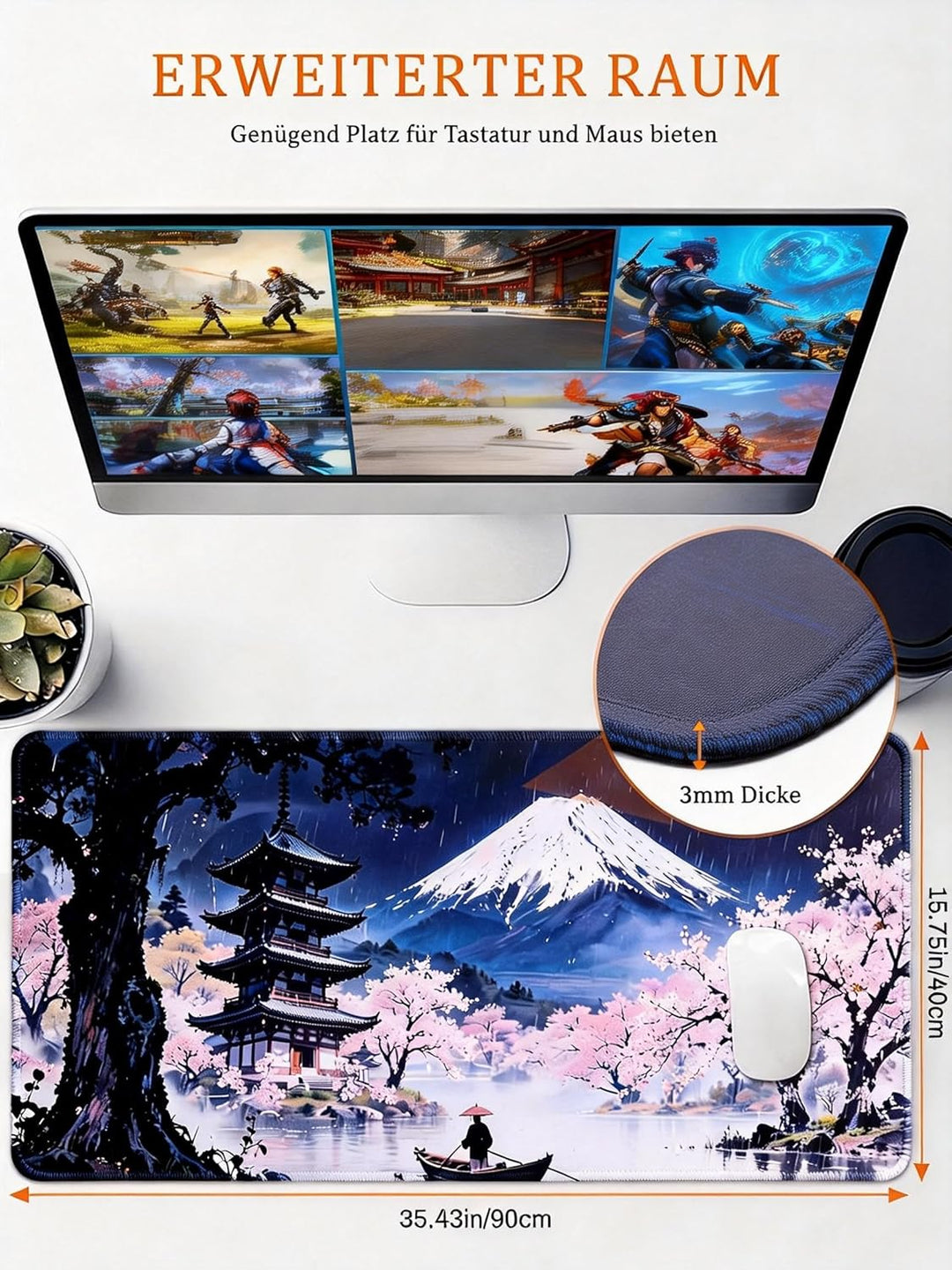 XXL Mauspad Gaming Anime Japanische Kunst 900x400mm, Grosses Schreibtisch Mauspad mit Starker Anti-R