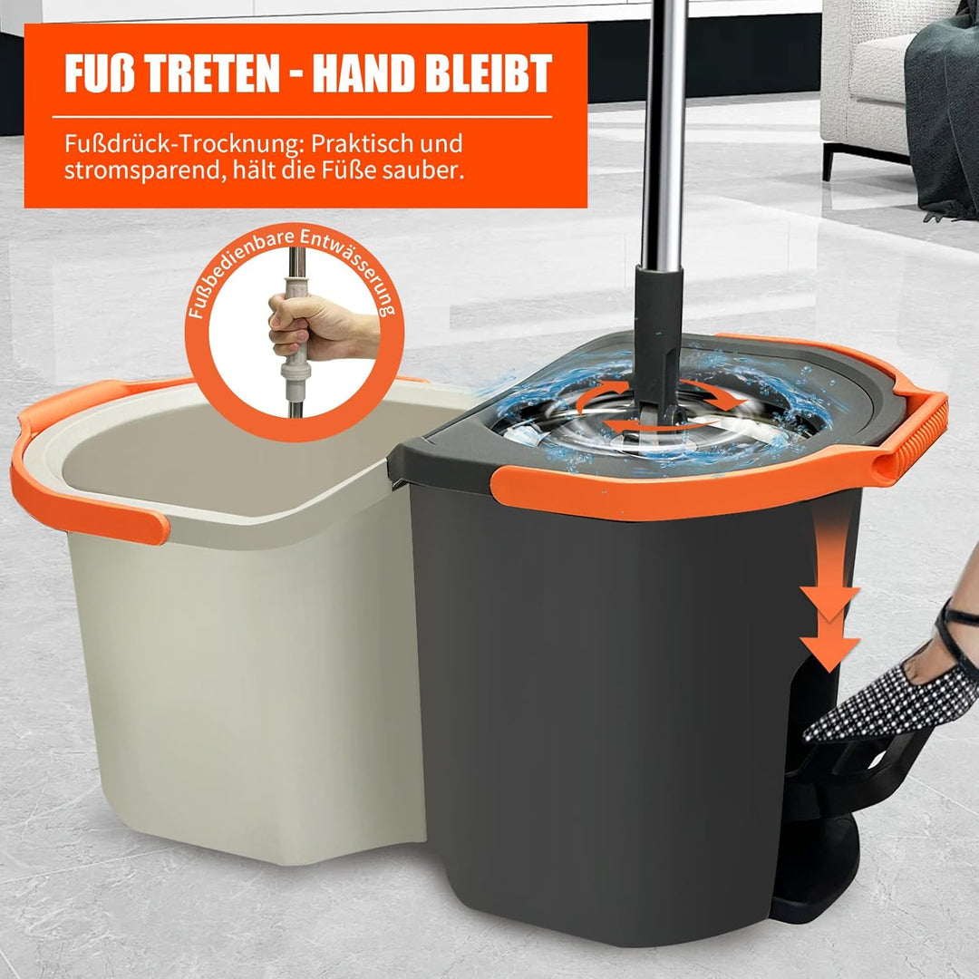 Wischmopp Set mit geteiltem Eimer & Fusspresse – Faltbarer Bodenwischer mit Auswringfunktion & 2-Kam