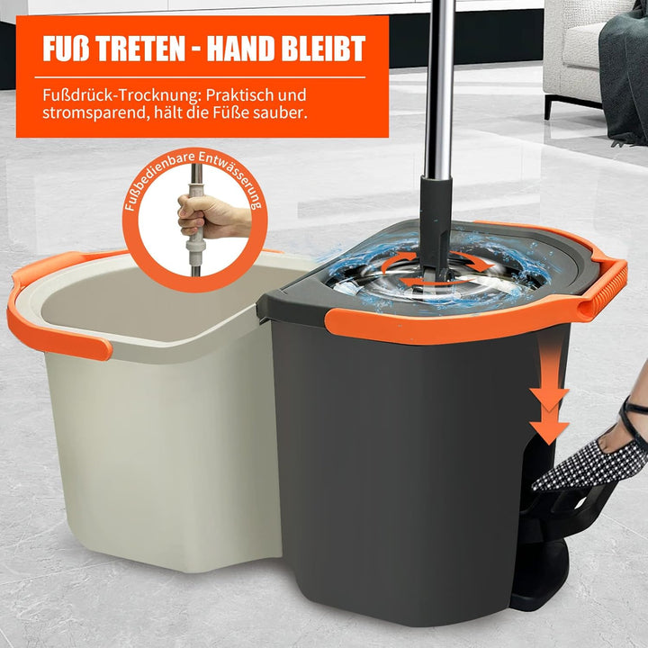 Wischmopp Set mit geteiltem Eimer & Fusspresse – Faltbarer Bodenwischer mit Auswringfunktion & 2-Kam