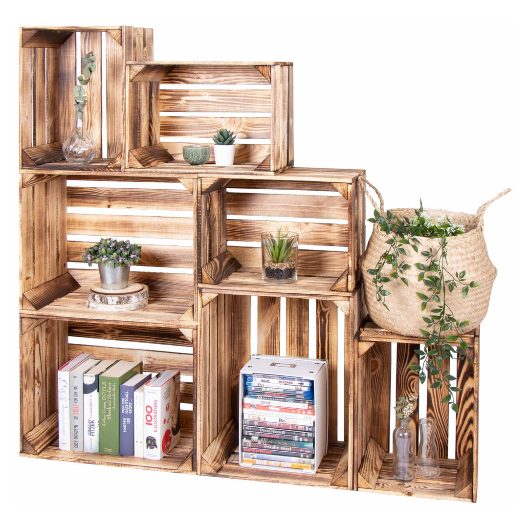 LAUBLUST Vintage Holzkisten 7er Set Geflammt - 50x40x30cm / 40x30x25cm | Weinkisten &amp; Obstkisten | D