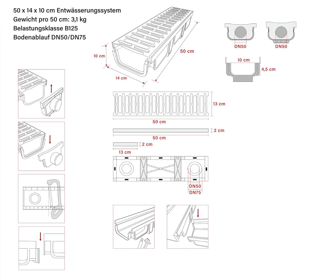 1m Entwässerungsrinne mit B125 Gussrost GJS belastbar bis 12,5 t - 500 x 140 x 100 mm - Bodenrinne A