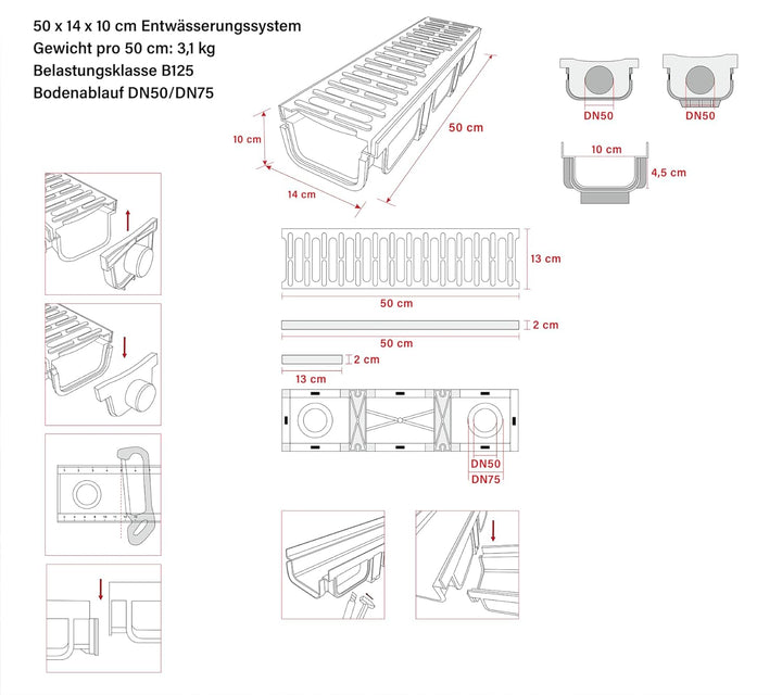 3m Entwässerungsrinne mit B125 Gussrost GJS belastbar bis 12,5 t - 500 x 140 x 100 mm - Bodenrinne A